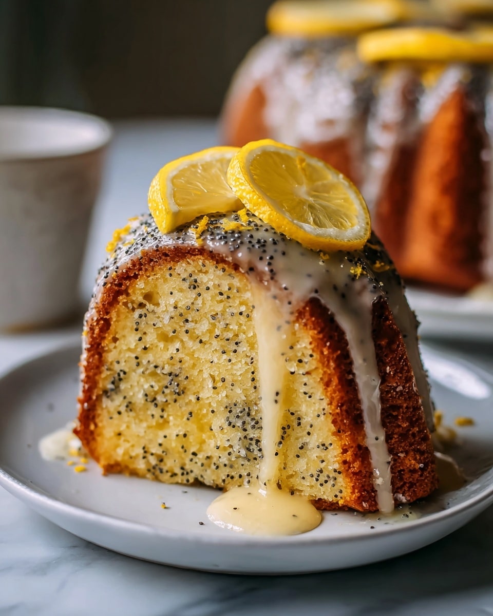 Whole lemon poppy seed bundt cake with smooth white glaze drizzled generously over the top, garnished with fresh lemon slices and sprinkled with poppy seeds, presented on a large white plate, photographed from a 3/4 angle showing the entire intact cake, set against a white marble background with natural lighting, professional food magazine hero shot, photo taken with an iphone --ar 4:5 --v 7