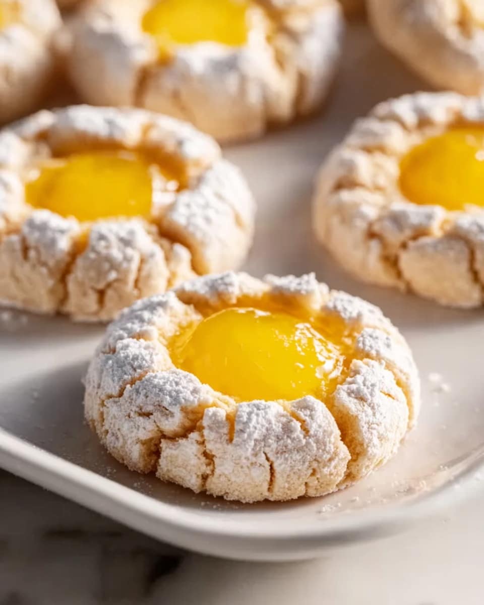 A large white rectangular baking tray filled with rows of freshly baked lemon thumbprint cookies, each cookie perfectly round with a crackled powdered sugar crust and a glossy, vibrant yellow lemon curd center, arranged neatly on parchment paper, all cookies uniform and untouched, shot with natural lighting on a white marble countertop, professional food magazine hero shot from a 3/4 angle, photo taken with an iphone --ar 4:5 --v 7