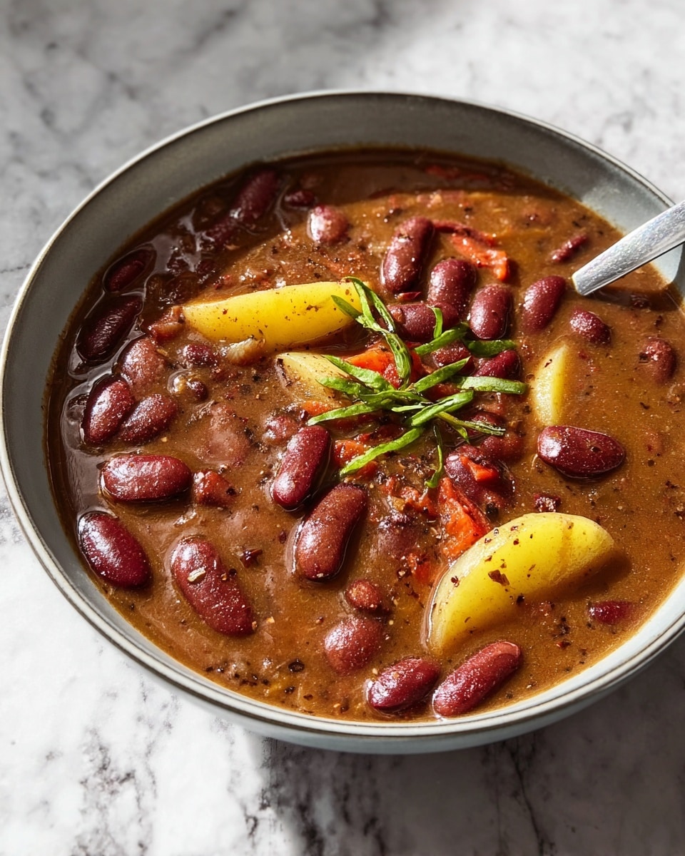 Large white ceramic bowl filled with a hearty, thick red bean stew featuring whole red kidney beans, tender slices of yellow root vegetables, and a rich, savory brown broth infused with herbs and spices, shown from a professional 3/4 angle on a white marble countertop, bathed in natural light capturing the wholesome textures and colors, whole hearty dish in frame, professional food styling photo taken with an iphone --ar 4:5 --v 7