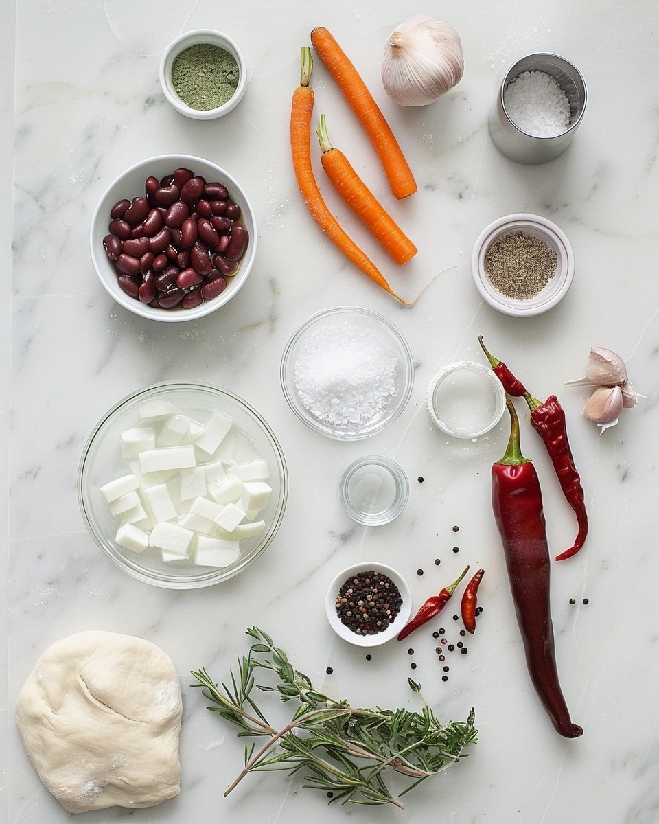 Single white bowl with a generous serving of thick red bean stew featuring visible whole kidney beans, tender potato wedges, and fresh thyme sprig garnish, showcasing the creamy textured broth with rich brown tones and herb flecks, close-up angled shot emphasizing the hearty, comforting layers of ingredients, placed on a white marble background, natural lighting, styled like a food blog single portion ready to eat photo taken with an iphone --ar 4:5 --v 7