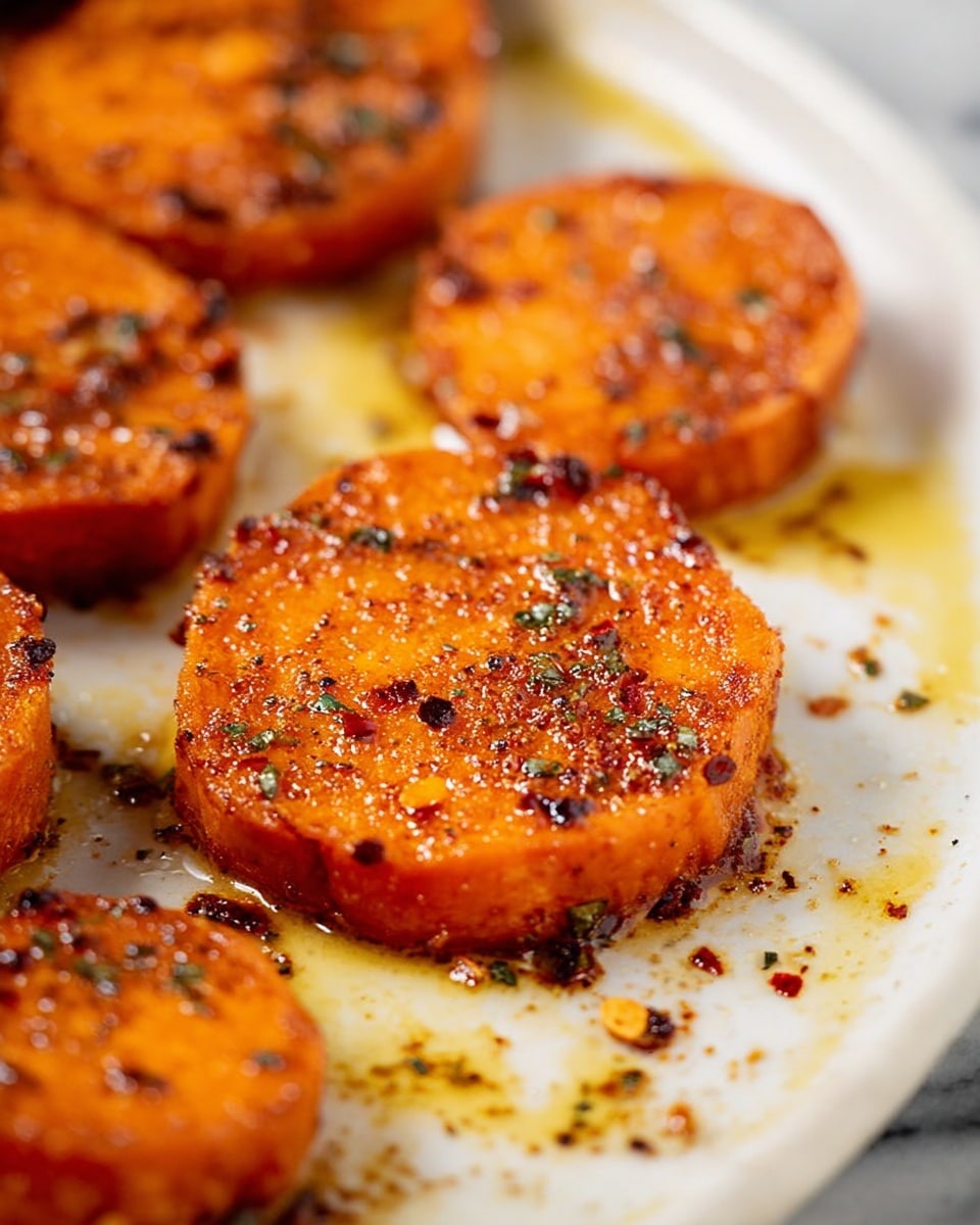 White serving plate filled with a generous portion of perfectly roasted, glazed carrot rounds, each piece evenly caramelized with a rich, spiced honey and herb glaze that showcases charred edges and a shiny, textured surface, the whole dish presented in a uniform pile on a white marble countertop, captured in natural light from a close 3/4 angle, styled as a vibrant hero food magazine shot, photo taken with an iphone --ar 4:5 --v 7