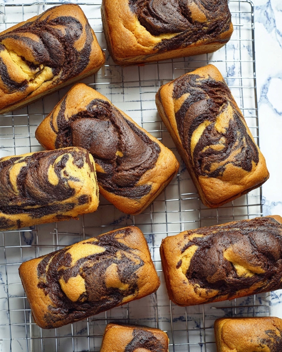 Several whole miniature marble loaves arranged neatly on a white cooling rack over a white marble countertop with a subtle blue grid cloth beneath, each loaf showing rich swirls of chocolate and vanilla batter creating an inviting marble pattern on golden crusts, the full batch presented at an overhead angle with natural lighting, professional food magazine style photo taken with an iphone --ar 4:5 --v 7
