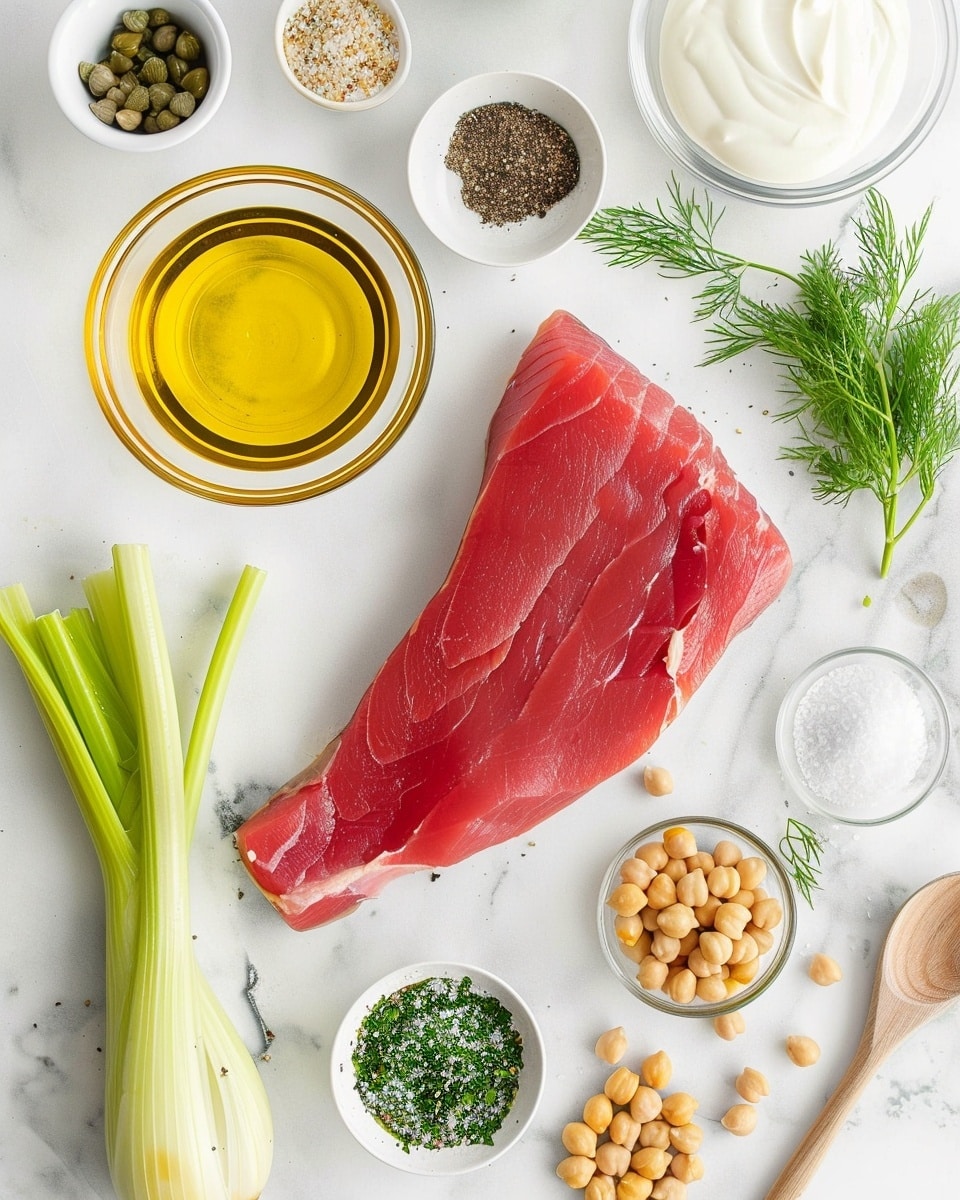 Single white plate with a neatly plated portion of creamy chickpea salad featuring whole chickpeas, diced celery, and finely chopped red onion mixed with fresh dill and a light dressing, close-up angle highlighting the texture of the chickpeas and the fresh herb flecks, natural lighting on white marble surface, styled food blog presentation photo taken with an iphone --ar 4:5 --v 7