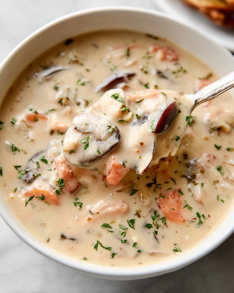 A large white ceramic bowl filled with creamy mushroom soup, richly textured with visible slices of mushrooms, diced carrots, and fresh herbs sprinkled generously on top, accompanied by a slice of crusty bread on the side, photographed from a 3/4 angle on a white marble countertop with natural lighting, showcasing the comforting and hearty character of the whole soup serving, professional food styling photo taken with an iphone --ar 4:5 --v 7