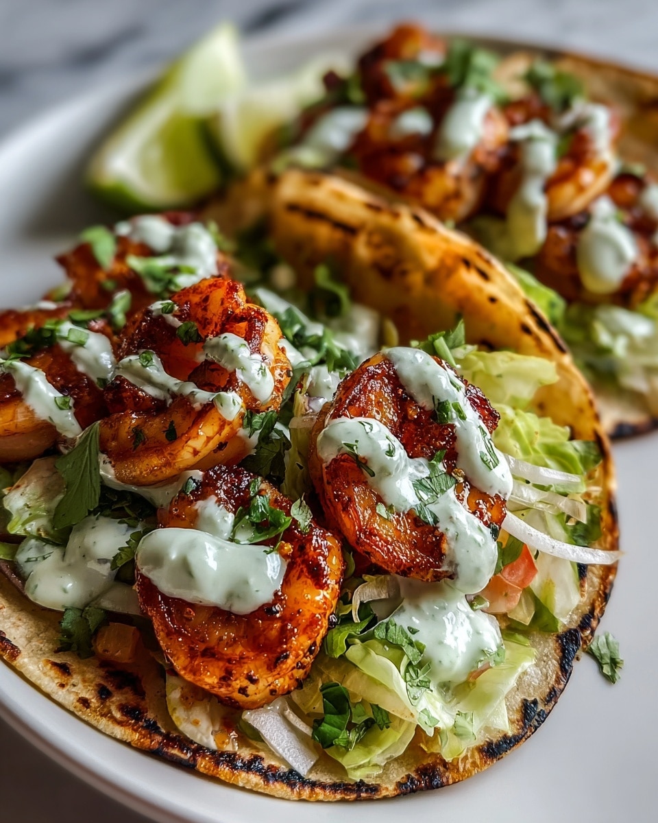 Long white rectangular serving tray filled with a row of whole grilled shrimp tacos, each taco wrapped in warm, soft white corn tortillas, generously filled with charred shrimp, fresh green cilantro, and topped with a creamy herb sauce, accompanied by lime wedges neatly arranged on the side, entire dish presented in a clean and appetizing way, shot from a slight 3/4 angle on a white marble background under natural lighting, professional food magazine style photo taken with an iphone --ar 4:5 --v 7