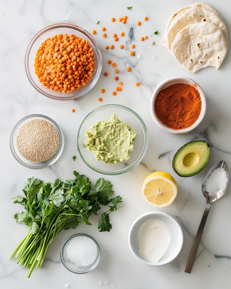 Single white plate with one neatly plated serving of a half-wrapped quinoa and vegetable stuffed wrap, angled to reveal the dense and textured filling of cooked quinoa, lentils, and vegetables, topped with crisp shredded cabbage and a layer of vibrant red sauce beneath, accompanied by a small stainless steel cup of tangy white dipping sauce with herbs, all placed on a white marble surface with natural lighting, styled as a close-up, intimate food blog shot, photo taken with an iphone --ar 4:5 --v 7
