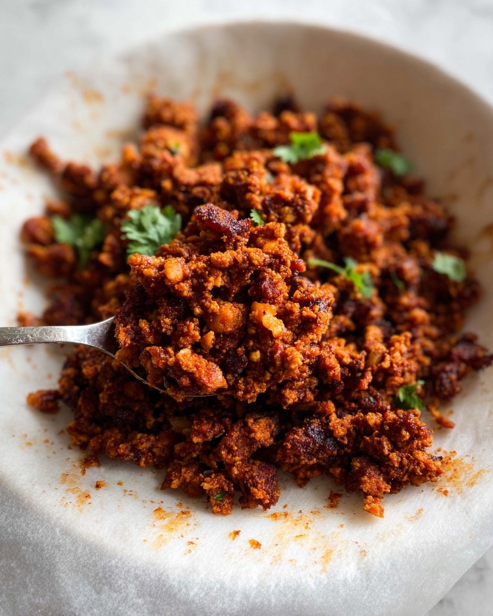 Large white serving bowl filled with a vibrant, whole portion of spiced ground chicken cooked to a perfect golden-brown with visible charred bits, garnished with fresh green cilantro leaves scattered on top, showcasing a rich, textured appearance from variously sized chunks, all set on a white marble countertop with soft natural lighting highlighting the glistening surface, professional food magazine style hero shot from a 3/4 angle, photo taken with an iphone --ar 4:5 --v 7