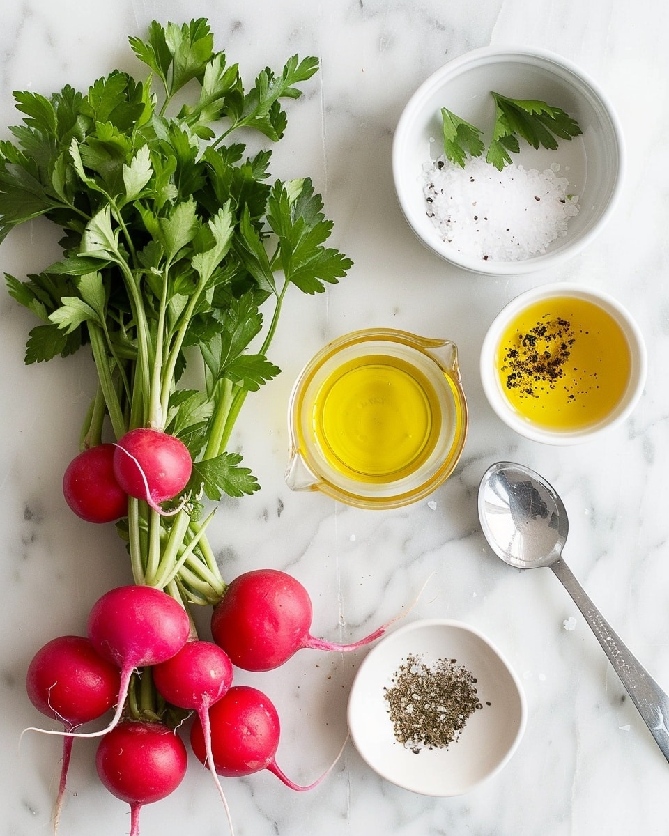 Single white ceramic bowl containing a close-up serving of freshly diced radish mixed with finely chopped parsley, glistening with a light seasoning of black pepper and dressing, vibrant red and white radish pieces contrasting with bright green herbs, photographed on a white marble surface with natural lighting, intimate and inviting food blog style presentation photo taken with an iphone --ar 4:5 --v 7