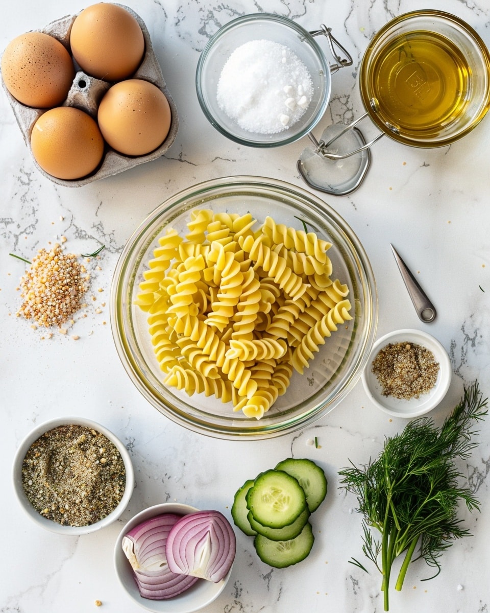 Single white bowl with a neatly plated serving of creamy cucumber pasta salad, featuring tender rotini pasta tossed with thinly sliced fresh cucumbers and slivers of red onion, lightly coated in a smooth, herb-speckled dressing, garnished with delicate sprigs of fresh dill and a sprinkle of cracked black pepper, close-up angled view capturing the glossy texture of the pasta and vibrant green cucumber slices, presented on a white marble background with natural lighting, styled like a food blog’s intimate plated serving, photo taken with an iphone --ar 4:5 --v 7
