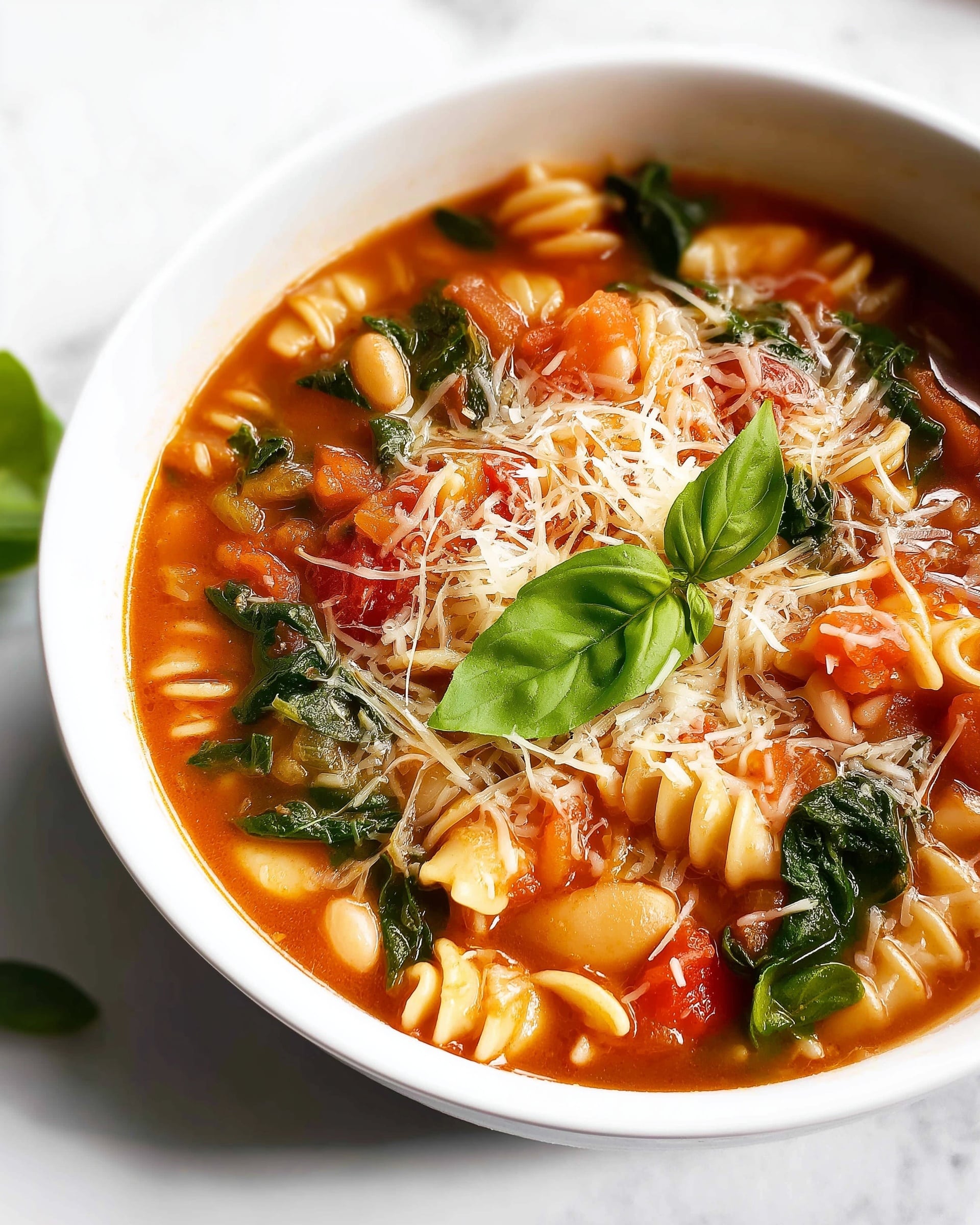 Large oval white ceramic slow cooker filled with a rich and hearty tomato-based pasta and bean stew, featuring plump white beans, spiraled pasta, diced tomatoes, and vibrant chopped spinach all simmered together in a thick, flavorful sauce, whole dish shown from a professional 3/4 angle shot on a white marble countertop with natural lighting, styled for a food magazine hero shot, photo taken with an iphone --ar 4:5 --v 7