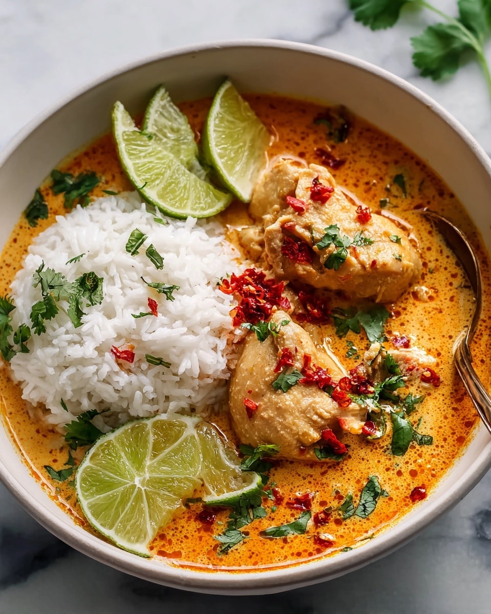 Large white bowl filled with a creamy coconut curry chicken stew, featuring whole tender chicken pieces immersed in rich orange coconut sauce with vibrant flecks of fresh cilantro and dollops of red chili paste, accompanied by a generous mound of fluffy white jasmine rice garnished with cilantro leaves and lime wedges on the side, presented as a complete full serving photographed from a 3/4 angle on a white marble countertop with natural lighting, professional food magazine hero shot photo taken with an iphone --ar 4:5 --v 7