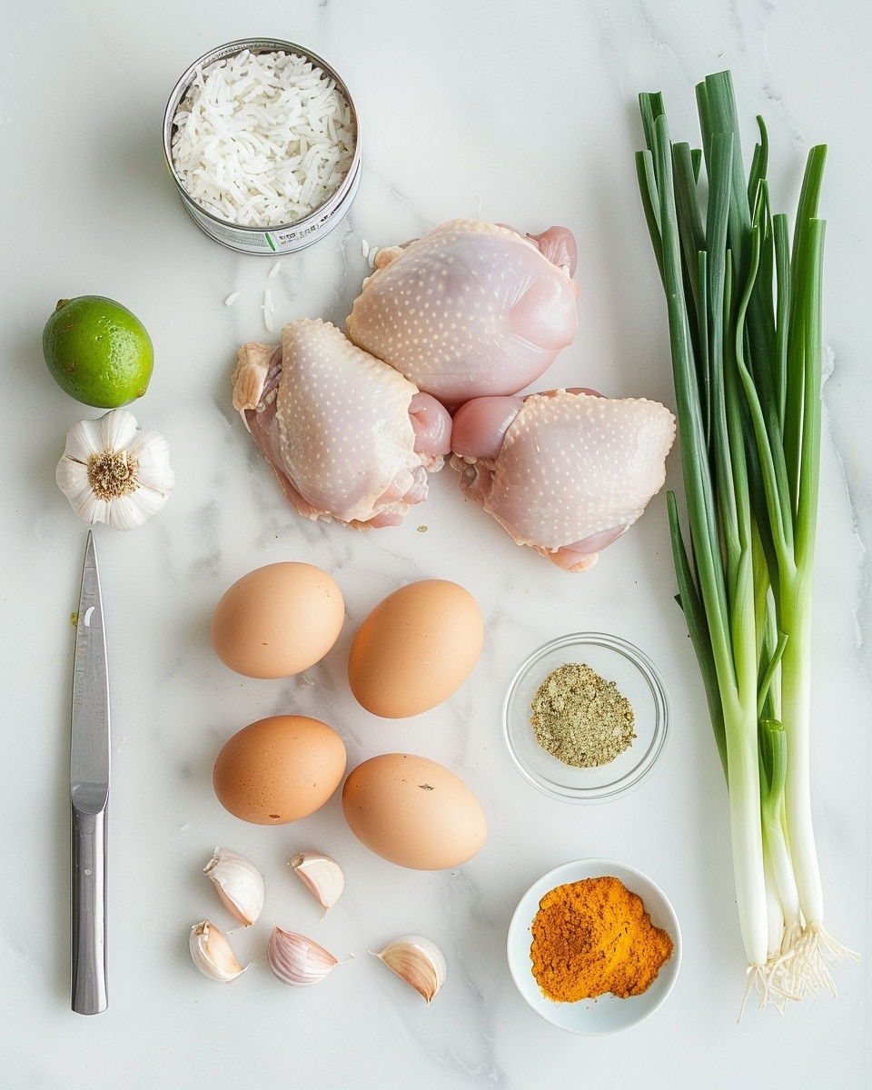 Single white bowl presenting a plated serving of creamy Thai coconut chicken soup with a close-up view revealing tender slices of chicken immersed in rich, aromatic broth, topped with fluffy white rice, fresh cilantro leaves, bright green lime wedges, and a drizzle of vibrant chili oil adding a splash of color, all placed on a white marble surface, natural lighting highlighting the textures and warmth, intimate food blog style photo taken with an iphone --ar 4:5 --v 7