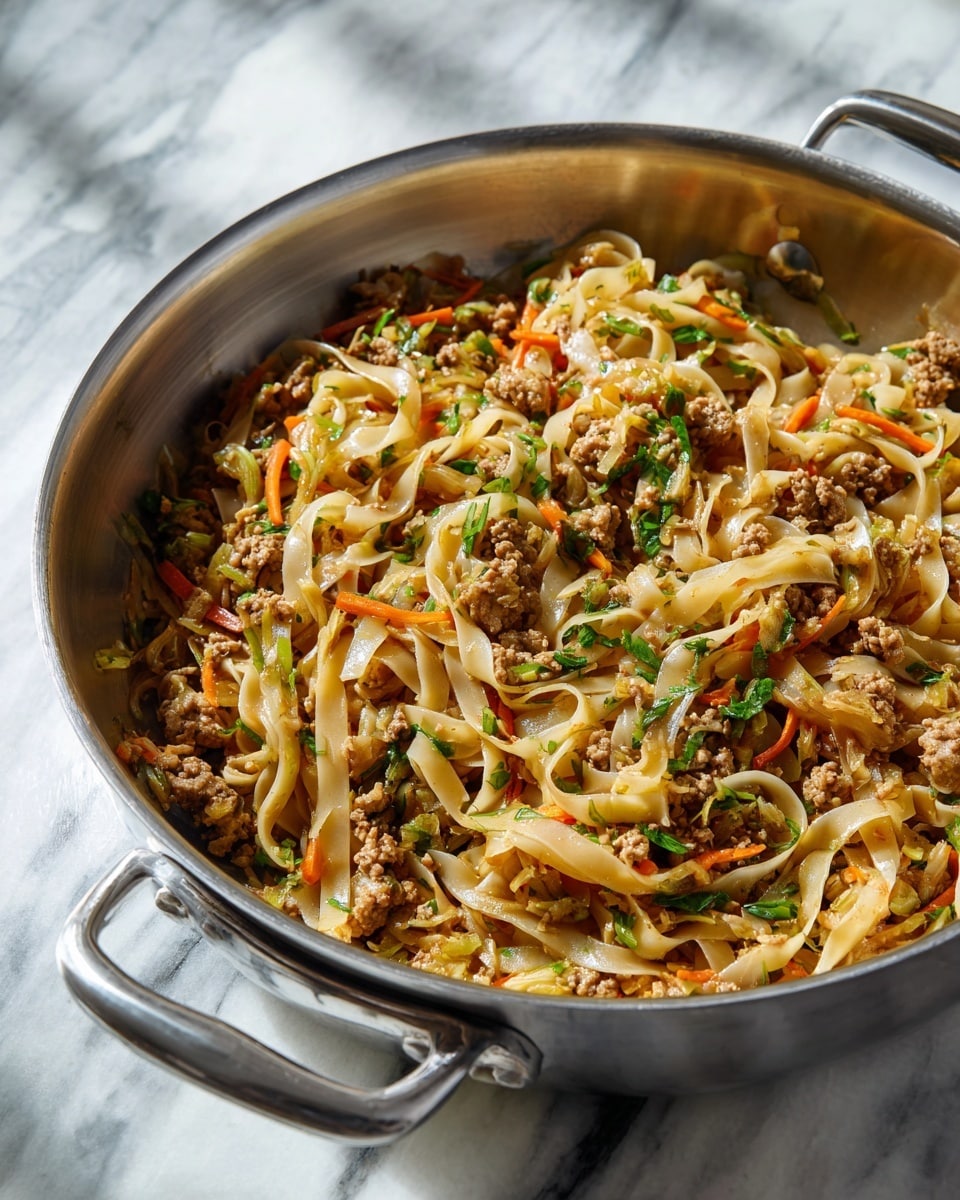 Large stainless steel sauté pan filled with a generous serving of stir-fried flat rice noodles mixed with minced meat, finely chopped vegetables, and aromatic herbs, all perfectly cooked and coated in a savory sauce, presented on a white marble countertop with natural lighting that highlights the texture and color of the dish, professional food styling in a cozy kitchen setting, photo taken with an iphone --ar 4:5 --v 7