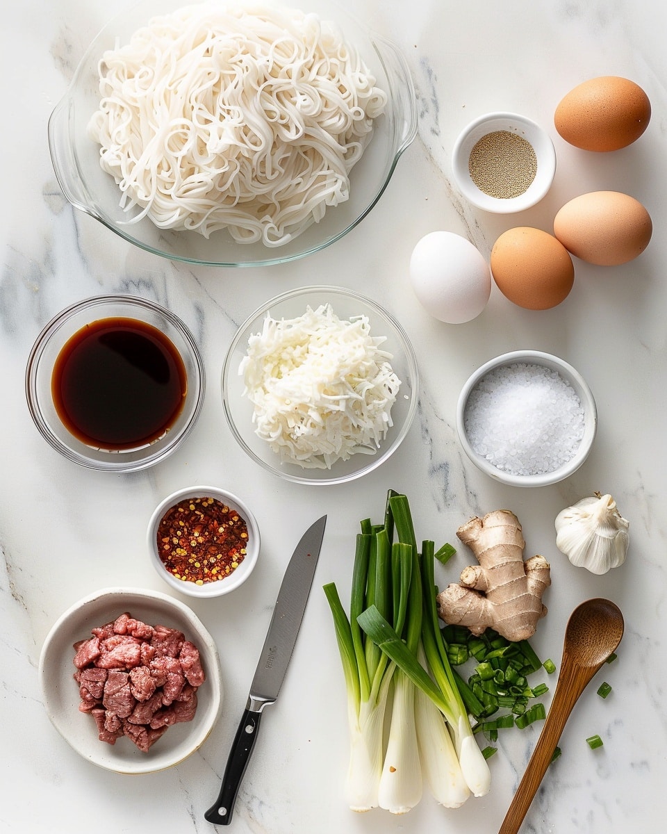 Single white bowl containing a close-up portion of stir-fried flat rice noodles with ground meat and chopped vegetables, the noodles glistening with savory sauce, visible specks of chili flakes and small bits of wilted leafy greens, tender meat pieces nestled among the noodles, steam gently rising, all plated on a white marble surface with natural lighting, intimate styled food blog serving photo taken with an iphone --ar 4:5 --v 7