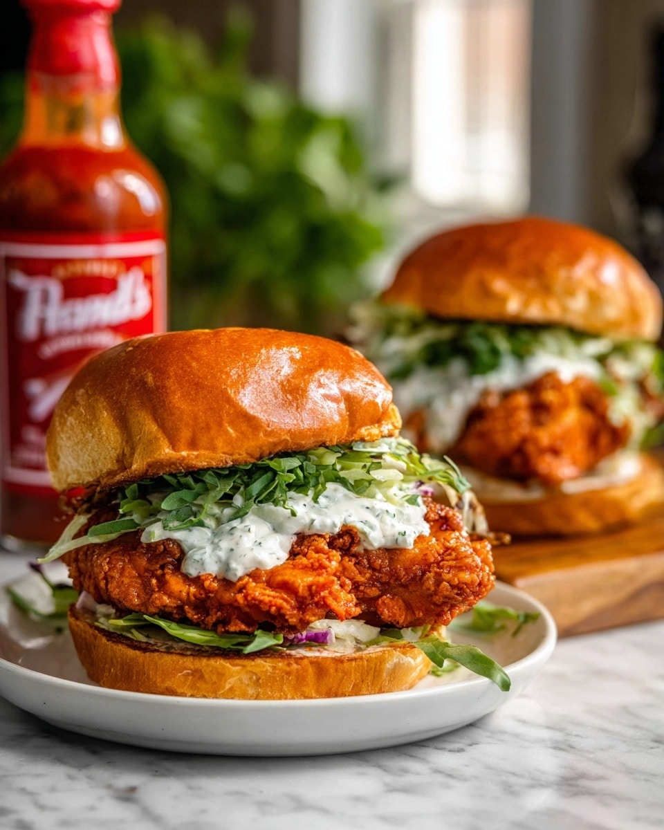 Two large white plates each holding a whole crispy fried chicken sandwich with a glossy golden bun, generously layered with fresh leafy greens and topped with a creamy herb sauce, placed alongside a bottle of Frank's RedHot sauce, all set on a white marble countertop under natural lighting, captured in a professional 3/4 angle hero shot showing the entire sandwiches in frame photo taken with an iphone --ar 4:5 --v 7
