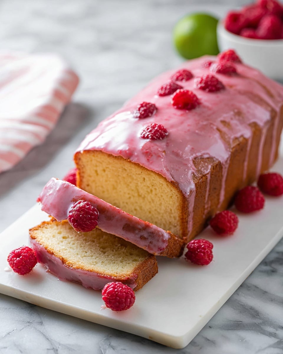 Whole loaf of moist lemon pound cake covered with thick, glossy pink raspberry glaze drizzled evenly over the top and sides, presented intact on a long white rectangular platter, garnished with fresh whole raspberries around the base, whole cake centered in frame on a white marble countertop with natural soft lighting, professional food magazine hero shot photo taken with an iphone --ar 4:5 --v 7