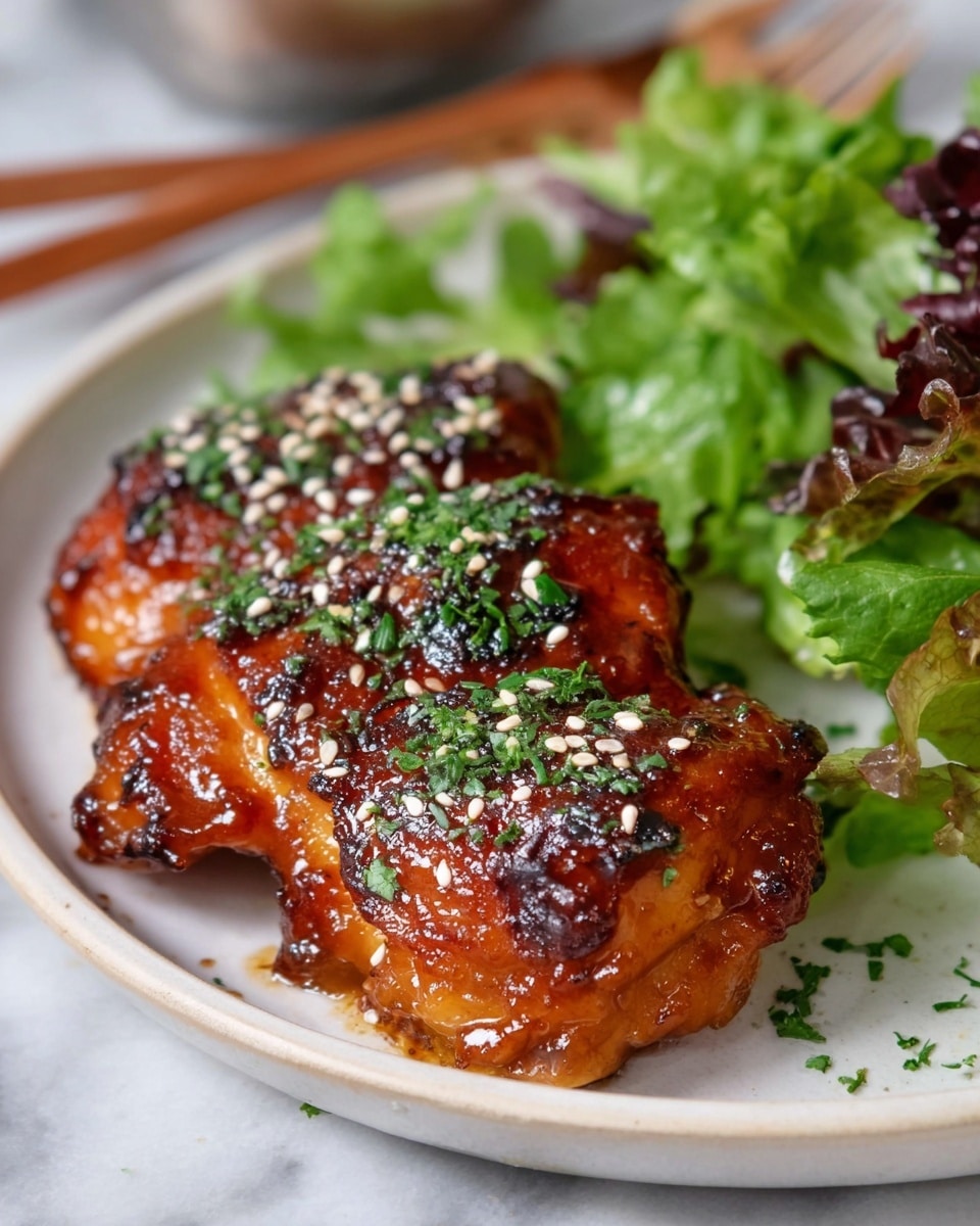Large white serving platter filled with multiple pieces of sticky glazed chicken thighs, coated in a shiny reddish-brown sauce sprinkled generously with white sesame seeds and fresh chopped parsley, arranged alongside fresh mixed leafy greens, whole dish photographed from a 3/4 angle on a white marble countertop, natural lighting, professional food magazine style photo taken with an iphone --ar 4:5 --v 7