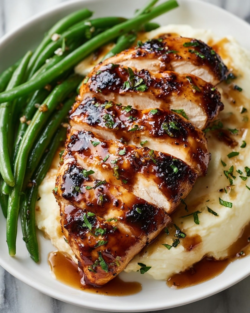 Whole glazed grilled chicken breast fillets arranged on a large white platter, each piece coated with a shiny, caramelized teriyaki-style glaze and topped with dollops of melted cheese and sprinkled with fresh chopped parsley, accompanied by a side of green beans and ripe red tomatoes, photographed from a 3/4 angle on a white marble countertop with natural lighting, professional food magazine style hero shot photo taken with an iphone --ar 4:5 --v 7