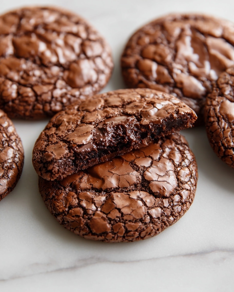 A full batch of freshly baked chocolate cookies arranged closely together on a large white marble countertop, each cookie showing a rich, crinkled surface with glossy, textured chocolate cracks and a perfect round shape, natural lighting highlighting their deep brown color and soft yet slightly crisp exterior, professional food styling overhead shot that captures the entire batch in frame, photo taken with an iphone --ar 4:5 --v 7