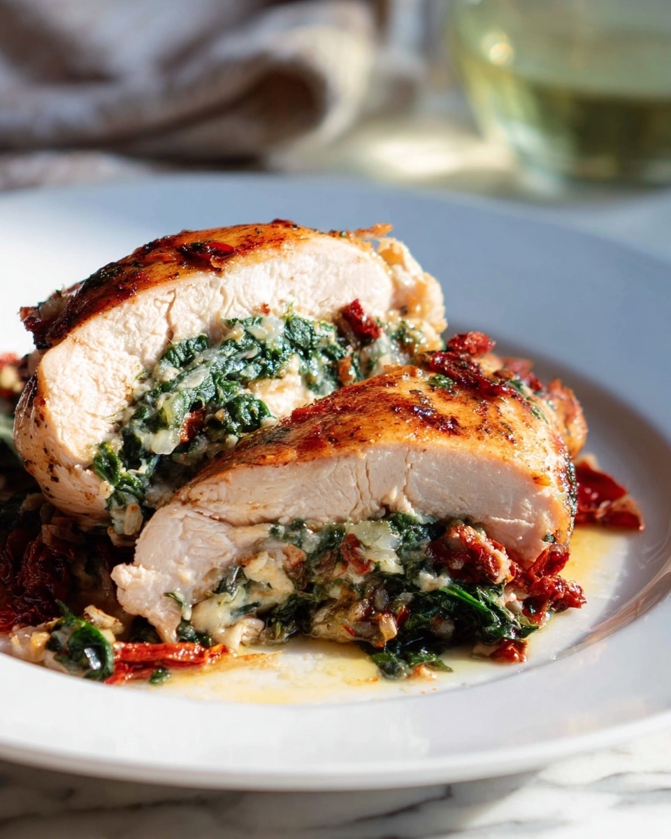 Large white rectangular platter displaying a full batch of stuffed chicken breasts arranged neatly in rows, each plump and seasoned with a golden, crispy exterior. The stuffed filling is visible through the tightly sealed chicken, overflowing with vibrant sautéed spinach, sun-dried tomatoes, and melted creamy cheese. The entire dish is presented on a white marble countertop with natural lighting emphasizing the texture and colors, styled professionally like a food magazine hero shot, photo taken with an iphone --ar 4:5 --v 7