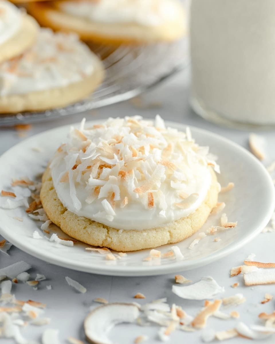 White round plate filled with a full batch of soft, round sugar cookies topped generously with white frosting and sprinkled with toasted shredded coconut, the entire assortment neatly arranged in a slight overlapping pattern, photographed from a 3/4 angle on a white marble countertop with natural lighting, styled as a professional food magazine hero shot, photo taken with an iphone --ar 4:5 --v 7