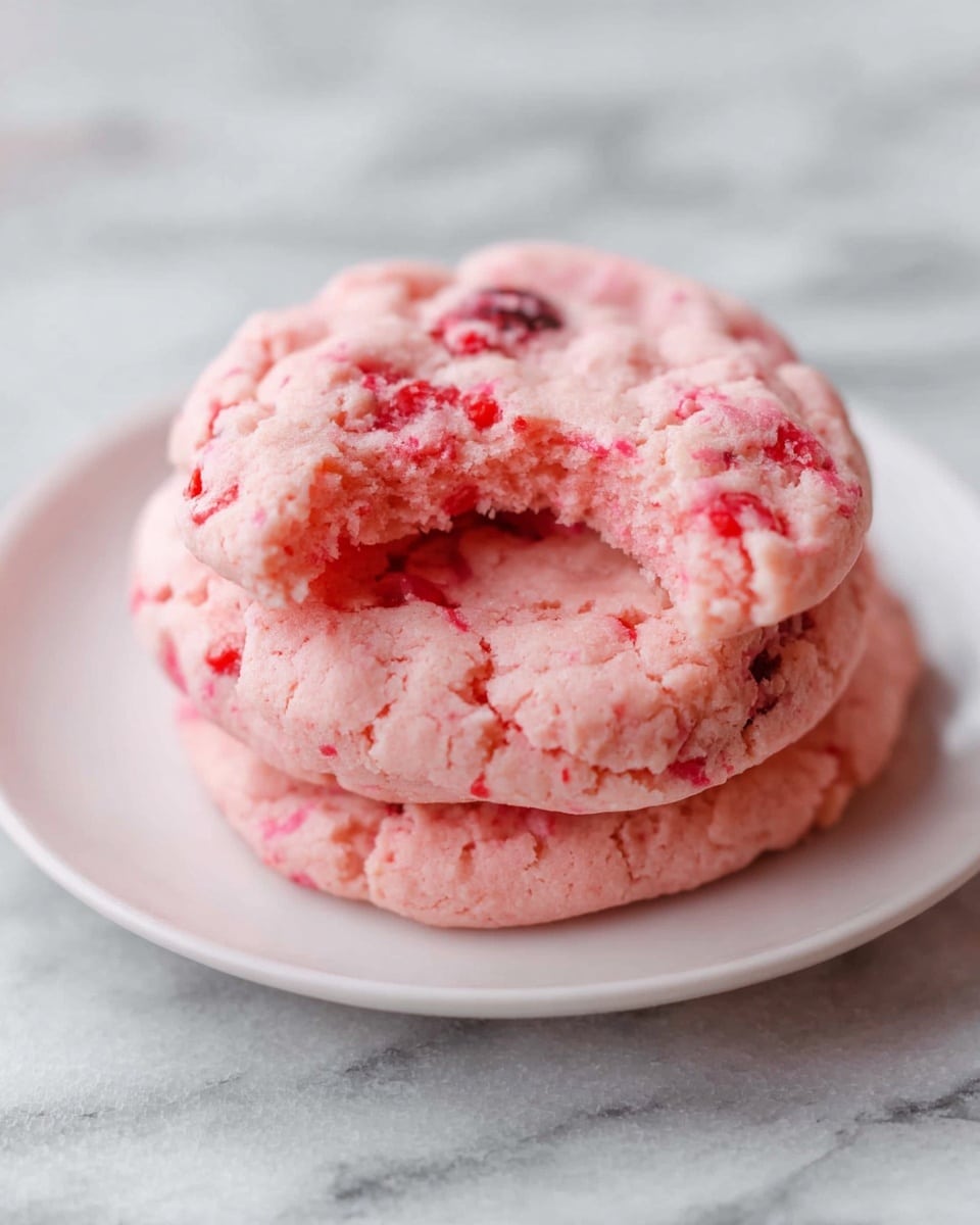 A large white platter filled with an array of bright pink cherry and chocolate chip cookies, each cookie round and fluffy with visible chunks of cherries and chocolate chips, arranged neatly in a visually appealing pattern, photographed from a 3/4 angle on a white marble countertop under natural lighting, professional food magazine hero shot photo taken with an iphone --ar 4:5 --v 7