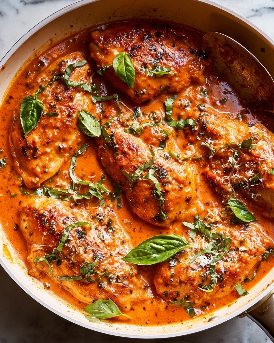 Large white skillet filled with several pieces of golden chicken simmering in a rich, creamy tomato and basil sauce, the sauce thickly coating each piece, scattered with fresh basil leaves and finely grated cheese, whole dish shown at a 3/4 angle on a white marble countertop, natural lighting highlighting the vibrant reddish-orange sauce and fresh green herbs, professional food magazine hero shot photo taken with an iphone --ar 4:5 --v 7