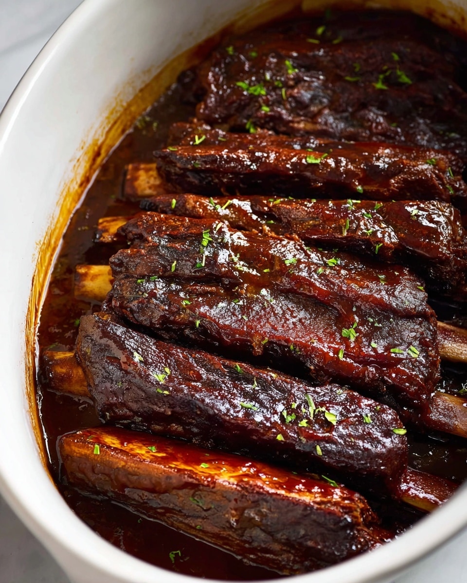 Large white oval baking dish filled with a full rack of tender, slow-cooked beef ribs glazed in a rich, glossy barbecue sauce, showing the entire uncut ribs nestled in savory juices, garnished with finely chopped fresh herbs, photographed from a 3/4 angle on a white marble countertop with natural lighting, styled like a hero shot from a food magazine, photo taken with an iphone --ar 4:5 --v 7