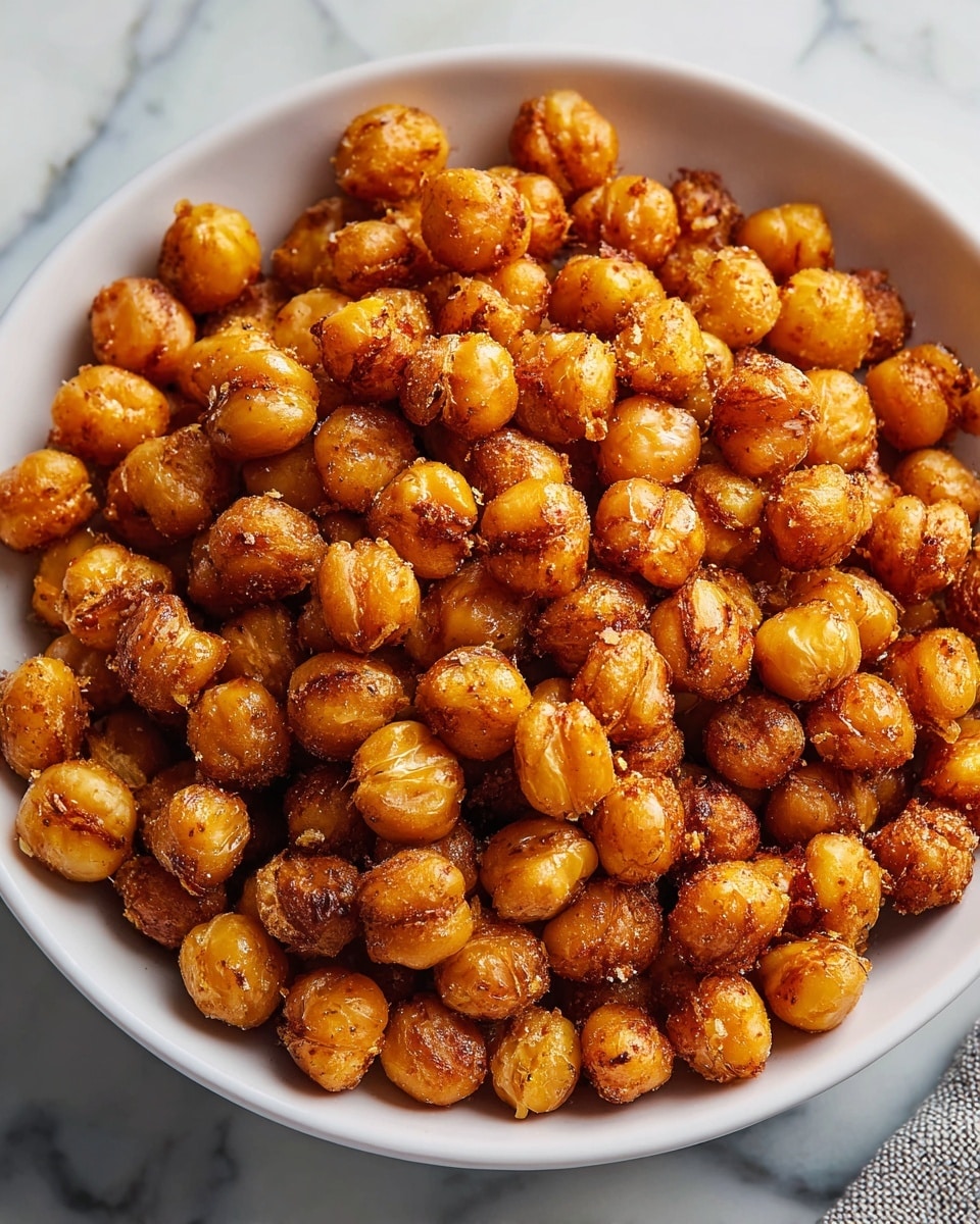 Large white bowl filled with a generous serving of golden roasted chickpeas, evenly coated with a crispy seasoning blend, showing their full round shape and crunchy texture, arranged to showcase the entire dish on a white marble countertop, captured in natural lighting with a professional 3/4 angle food magazine hero shot, photo taken with an iphone --ar 4:5 --v 7