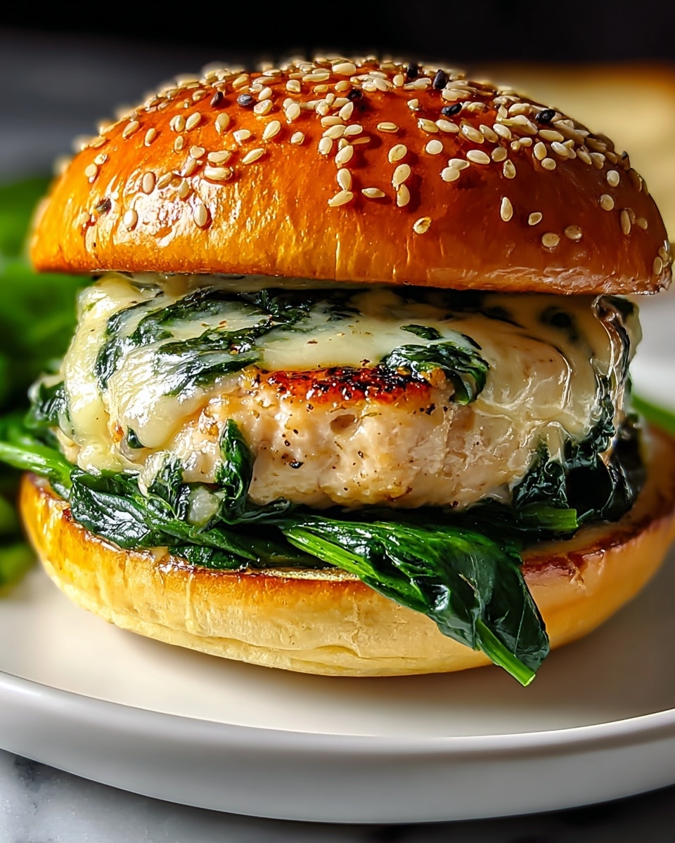 Large white plate featuring three whole, uncut chicken spinach burgers with melted cheese on toasted sesame seed buns, each stacked generously with fresh sautéed spinach, juicy seasoned chicken patties blended with herbs, and golden, perfectly toasted bottoms, arranged neatly side by side, presented on a white marble countertop with natural light highlighting the glossy, appetizing textures in a professional food magazine style hero shot, photo taken with an iphone --ar 4:5 --v 7