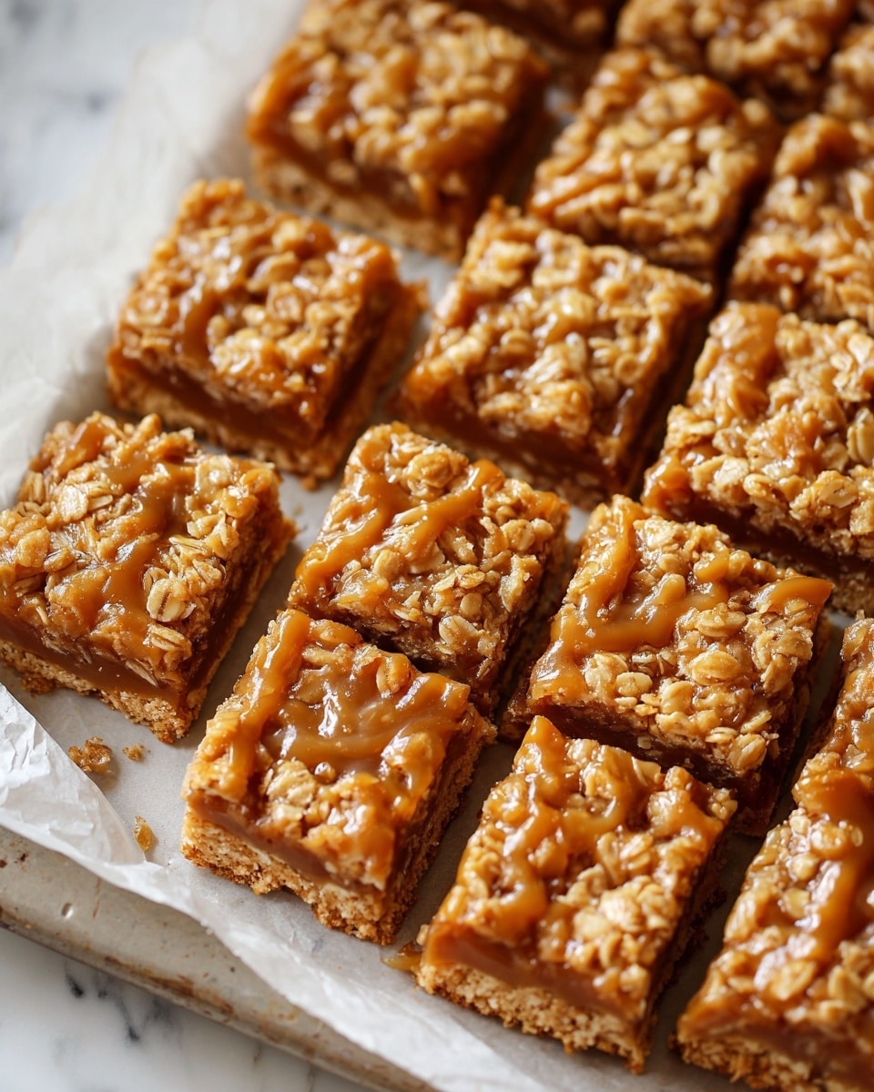 Full baking tray filled with freshly baked oat and caramel bars, golden oat topping evenly spread over a rich caramel layer, whole rectangular bars arranged neatly side by side on white parchment paper, photographed from a professional 3/4 angle on a white marble countertop with natural light highlighting the textures, whole dish presentation like a food magazine hero shot, photo taken with an iphone --ar 4:5 --v 7