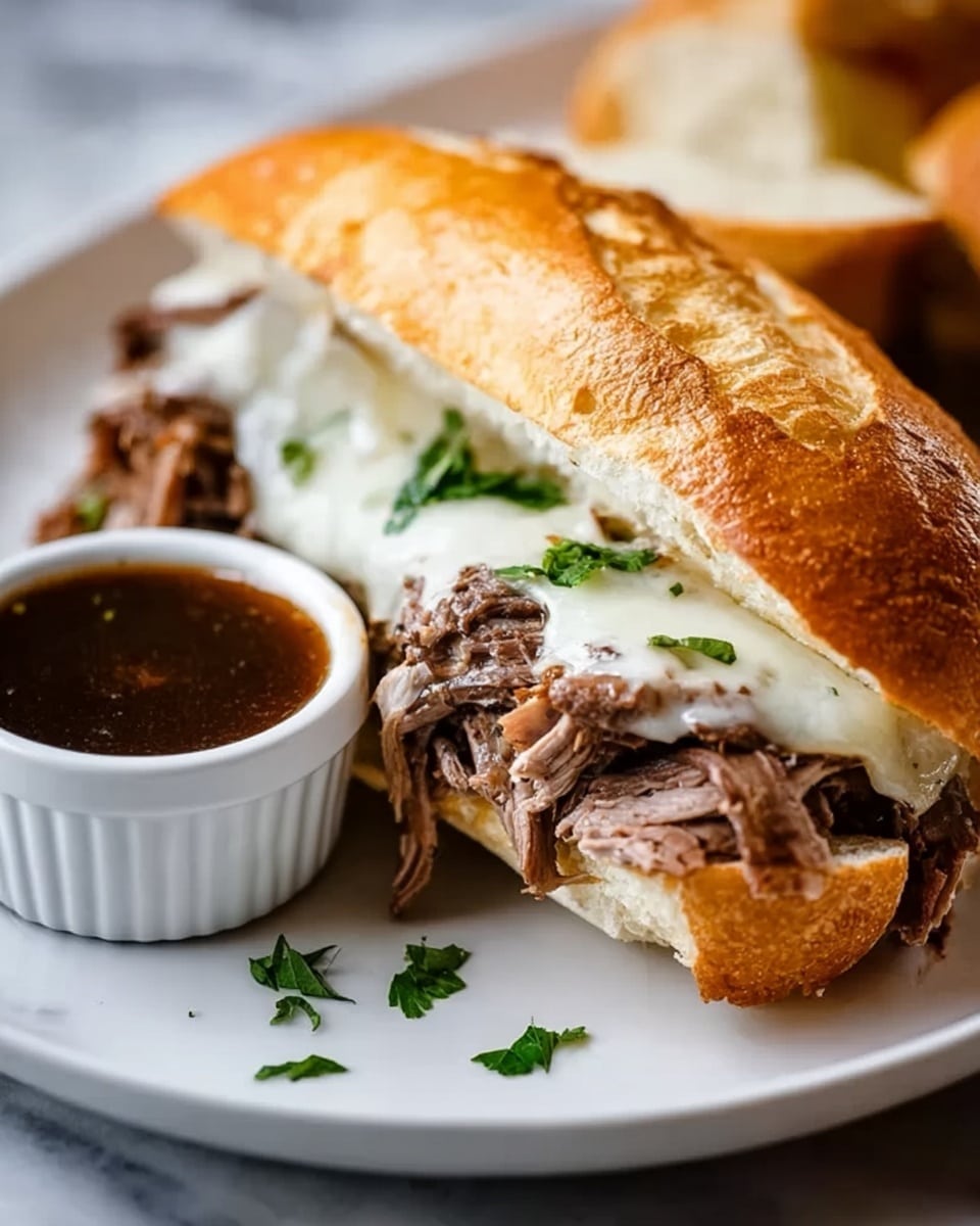 Long white submarine sandwich roll fully filled with tender, shredded beef smothered in melted provolone cheese, garnished with chopped fresh parsley, paired with a white cup of rich brown au jus sauce on the side, the entire sandwich presented on a white plate placed on white marble surface, captured in natural light with a professional 3/4 angle food magazine style photo taken with an iphone --ar 4:5 --v 7