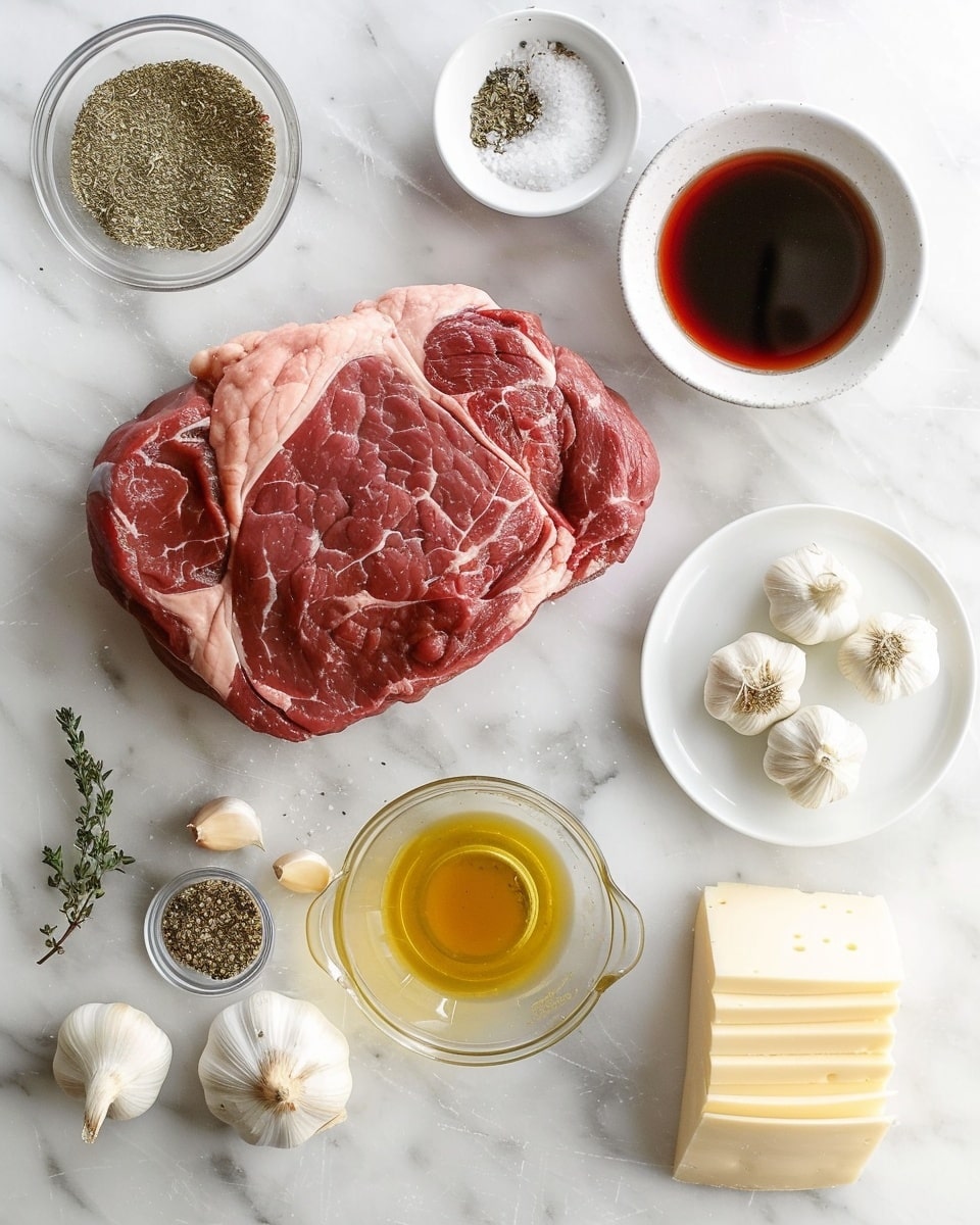 Single white plate featuring one hearty portion of French dip sandwich with tender, thinly sliced roast beef piled high inside a crusty baguette, topped with melted white cheese slightly oozing over the edges, showing the soft crumb texture of the bread and moist shredded beef interior, accompanied by a small white ramekin of rich, dark au jus for dipping, garnished with a sprig of fresh parsley, placed on a white marble surface under natural lighting, intimate angled close-up highlighting layers and textures, photo taken with an iphone --ar 4:5 --v 7