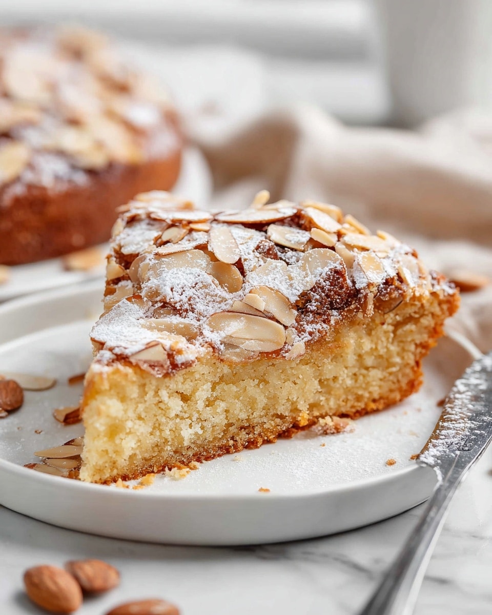 Whole round almond cake in a white ceramic springform pan, topped generously with toasted sliced almonds and lightly dusted with powdered sugar, the cake perfectly golden brown and evenly baked, presented on a white marble countertop with a fine mesh sieve filled with powdered sugar and a beige linen cloth nearby, professional 3/4 angle food photography with natural lighting, styled as a hero shot for a food magazine, photo taken with an iphone --ar 4:5 --v 7