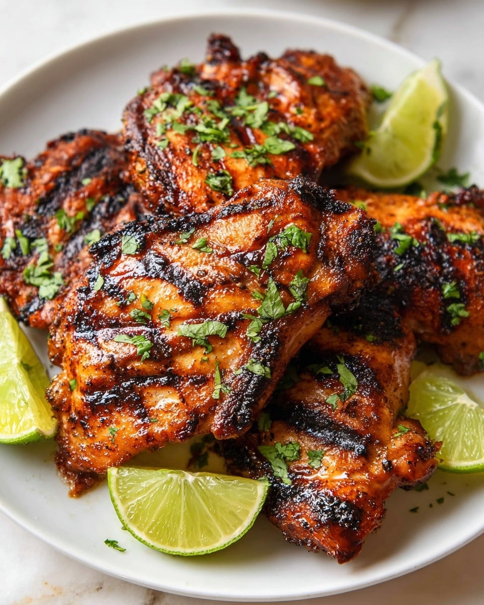 Large white plate filled with multiple grilled chicken thighs seasoned with a smoky, spicy rub, charred to perfection with a caramelized crust, garnished with finely chopped fresh cilantro, accompanied by whole lime wedges, all arranged on a white marble countertop under natural lighting, professional food styling photo taken with an iphone --ar 4:5 --v 7