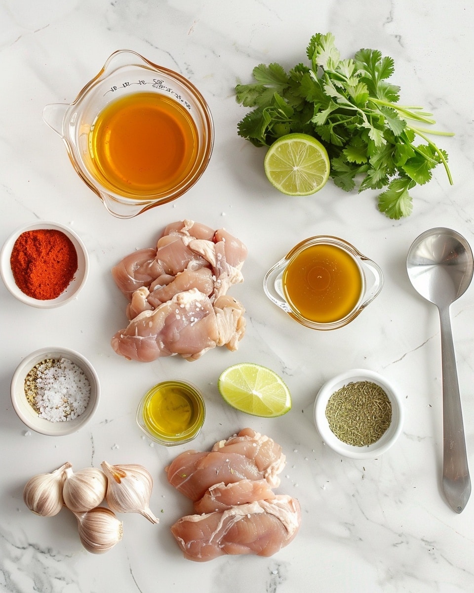 Single white plate featuring one perfectly grilled chicken thigh, showcasing charred grill marks and a glossy, spiced exterior sprinkled with fresh chopped cilantro, accompanied by two vibrant lime wedges on the side, close-up angle emphasizing juicy, tender interior and seasoned crust, placed on white marble surface with natural lighting, intimate plated serving photo taken with an iphone --ar 4:5 --v 7