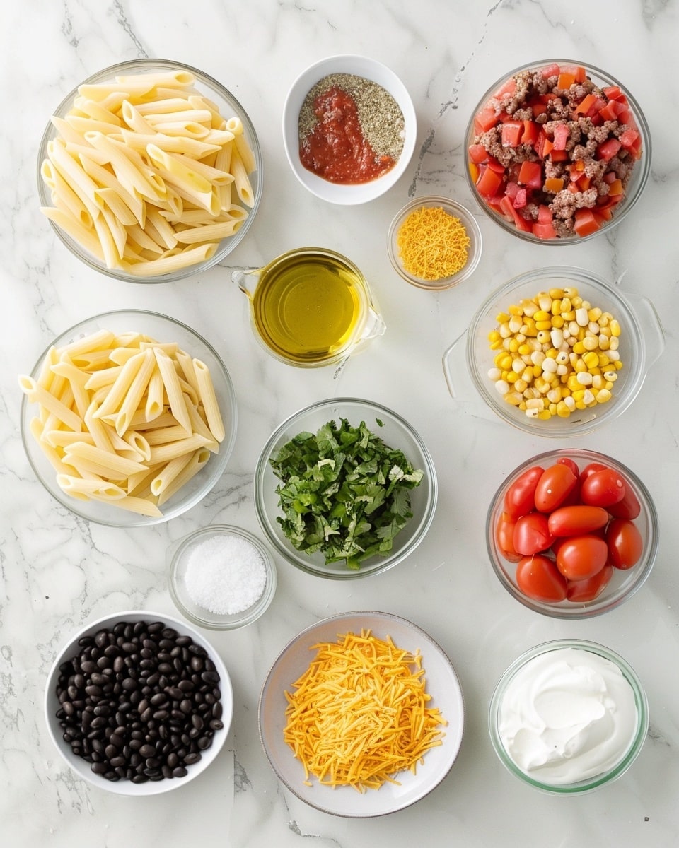 Single white bowl containing one generous serving of baked ziti layered with seasoned ground meat, melted cheddar and mozzarella cheese, vibrant corn kernels, and rich tomato sauce, topped with a dollop of sour cream and fresh chopped green onions and cilantro, close-up angle highlighting the cheesy, saucy textures and hearty pasta tubes, placed on a white marble surface, natural lighting, intimate plated serving photo taken with an iphone --ar 4:5 --v 7