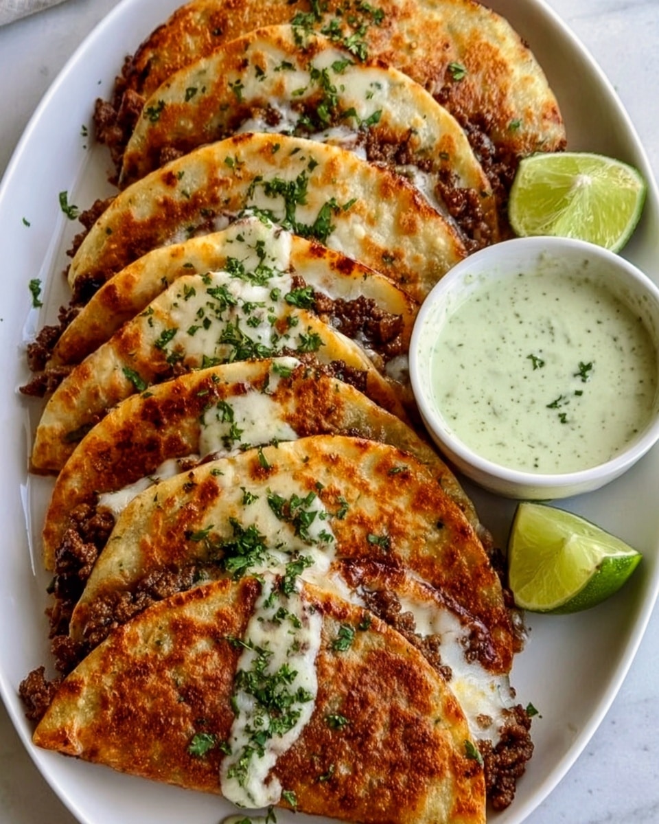 Large white platter filled with a row of golden, crispy quesadillas, stuffed generously with melted cheese and seasoned ground beef, garnished with finely chopped fresh cilantro. Accompanied by a white bowl of creamy green sauce and fresh lime wedges, all presented on a white marble countertop under natural light, styled as a professional food magazine hero shot, photo taken with an iphone --ar 4:5 --v 7