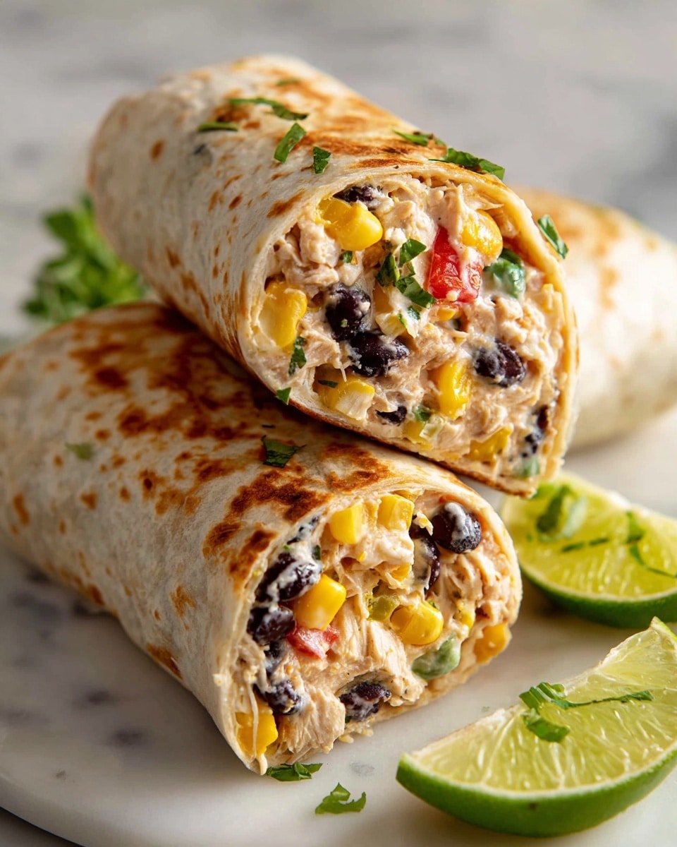A large white rectangular platter filled with several whole, fully wrapped tortilla wraps tightly rolled and packed with a creamy, colorful filling of black beans, corn kernels, diced tomatoes, chopped green onions, and shredded chicken, displayed in an abundant stack. The tortillas have a slightly toasted, golden-brown appearance with visible char marks, placed on a white marble countertop under natural light, styled as a vibrant and hearty complete dish, photo taken with an iphone --ar 4:5 --v 7