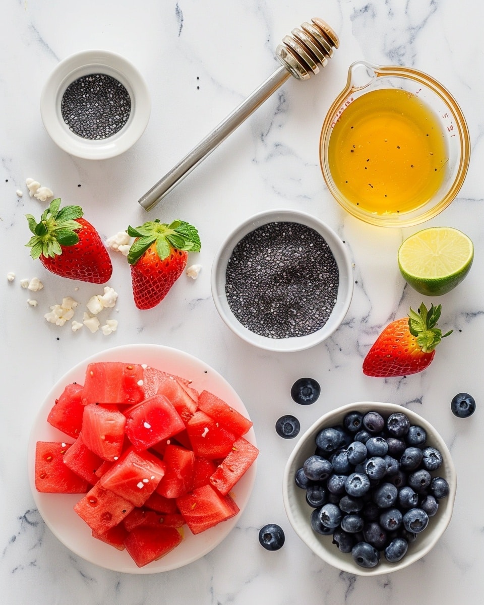 A single white bowl filled with a vibrant, close-up serving of fresh watermelon cubes, sliced strawberries, and plump blueberries, sprinkled with crumbled feta cheese and garnished with bright green mint leaves, showcasing the juicy texture of the fruit and the creamy contrast of the cheese, set on a white marble surface under natural lighting, styled as an intimate, ready-to-eat portion photo taken with an iphone --ar 4:5 --v 7
