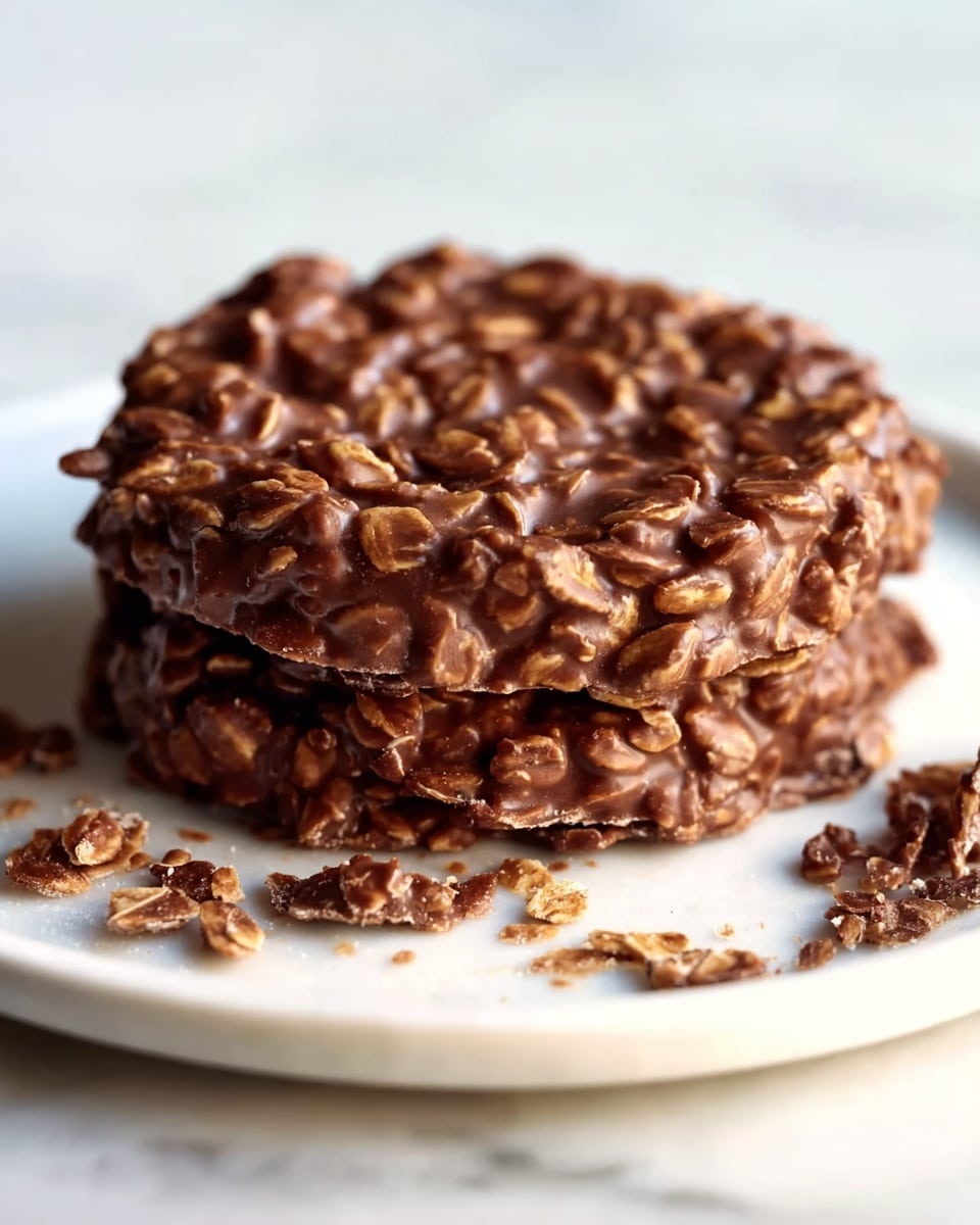 A large white serving plate filled with a generous heap of no-bake chocolate oatmeal cookies, each cookie round and textured with visible oats coated in rich, glossy chocolate, arranged in an abundant, inviting pile. The cookies showcase a rustic, homemade appearance, photographed from a professional 3/4 angle on a white marble countertop with soft natural lighting, styled for an elegant food magazine hero shot. Photo taken with an iphone --ar 4:5 --v 7