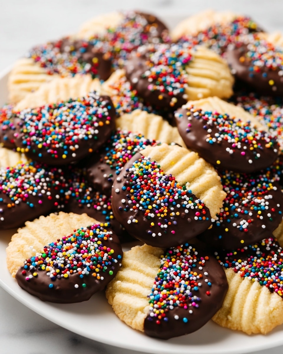 White serving platter filled with a full batch of homemade crinkle butter cookies, each half-dipped in glossy dark chocolate and sprinkled generously with vibrant, multicolored round sprinkles, the cookies arranged artfully in a neat overlapping pattern, photographed from a 3/4 angle on a white marble countertop with soft natural lighting, professional food styling photo taken with an iphone --ar 4:5 --v 7