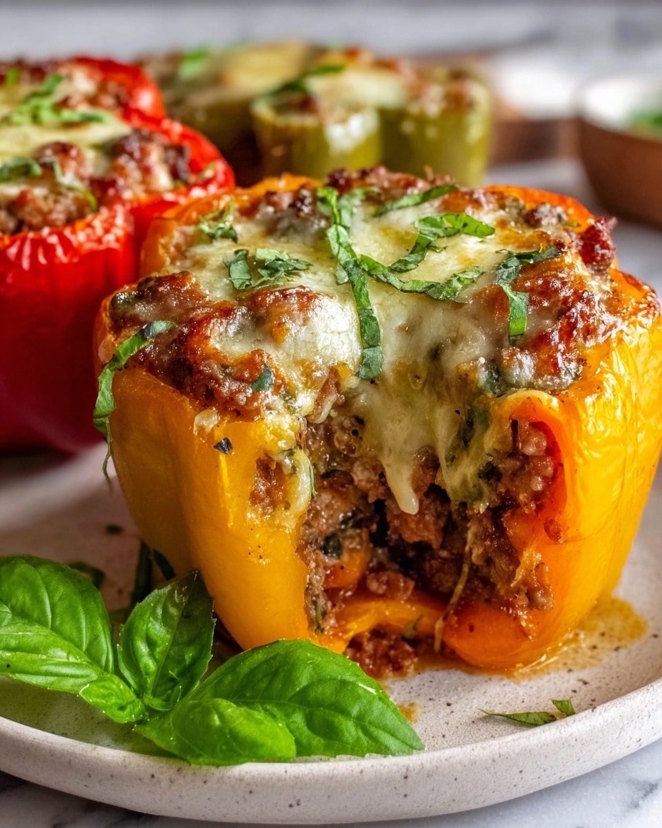 A white rectangular baking dish filled with six colorful stuffed bell peppers, each topped with a golden layer of melted cheese and garnished with fresh chopped basil, arranged neatly and slightly browned on top, showcasing the savory mixture of ground meat, herbs, and tomato sauce inside the vividly red, orange, and green peppers, photographed from a 3/4 angle on a white marble background with natural lighting, styled like a hero shot in a food magazine, photo taken with an iphone --ar 4:5 --v 7