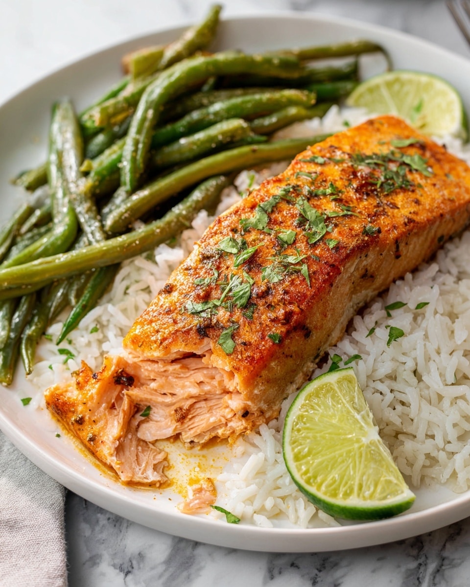 A large white oval serving platter filled with a whole roasted salmon fillet, its skin golden and seasoned with herbs and spices, surrounded by a generous portion of fluffy white rice and a plentiful side of vibrant roasted green beans glistening with olive oil, garnished with fresh parsley and lime wedges arranged around the dish, shot from a 3/4 angle on a white marble countertop with natural lighting, styled like a hero photo from a food magazine, photo taken with an iphone --ar 4:5 --v 7