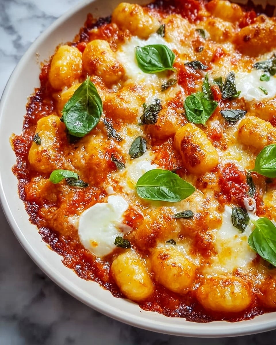 Large rectangular black baking dish filled with fully baked golden gnocchi in rich, vibrant tomato sauce, topped with melted, bubbly mozzarella and sprinkled with finely grated Parmesan cheese, garnished with fresh green basil leaves, presented on a white marble countertop with natural lighting, professional food magazine style photo showing the complete dish at a slight 3/4 angle, photo taken with an iphone --ar 4:5 --v 7