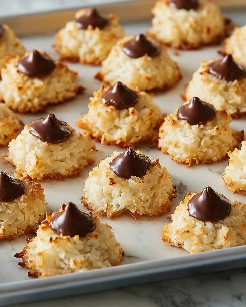 A large white baking tray filled with freshly baked coconut macaroons, each perfectly domed with golden toasted edges and a smooth chocolate kiss centered on top, arranged neatly in rows showing the full batch. The tray is set on a white marble countertop, illuminated by natural lighting that highlights the texture and richness of the toasted coconut and glossy chocolate, professional overhead food magazine style photo taken with an iphone --ar 4:5 --v 7