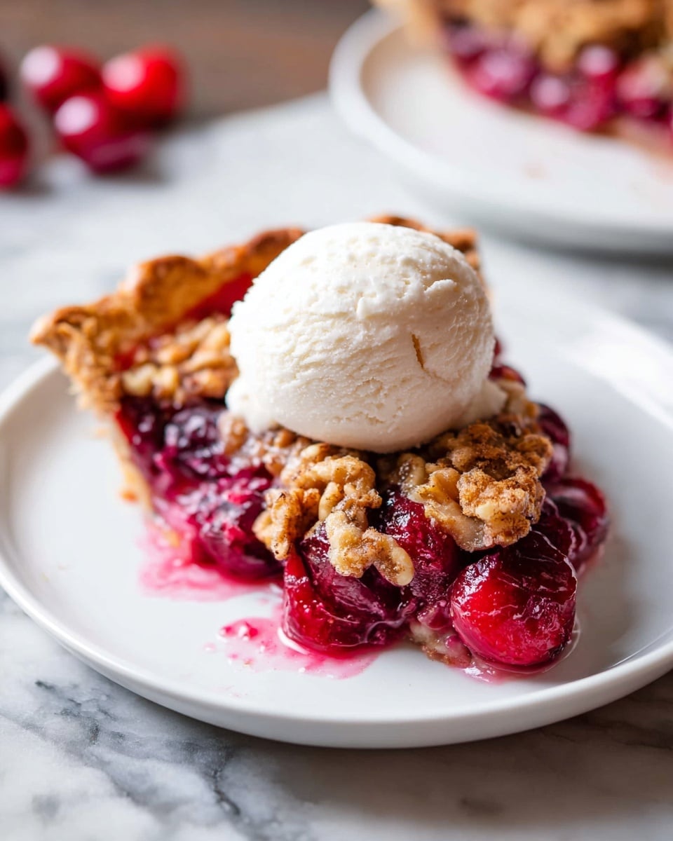 White ceramic pie dish filled with a whole cherry crumb pie topped generously with crunchy walnut pieces and sparkling cinnamon sugar streusel, golden crisp crust perfectly fluted around the edges, photographed from above on a white marble countertop with natural lighting, styled professionally like a hero shot from a food magazine, photo taken with an iphone --ar 4:5 --v 7