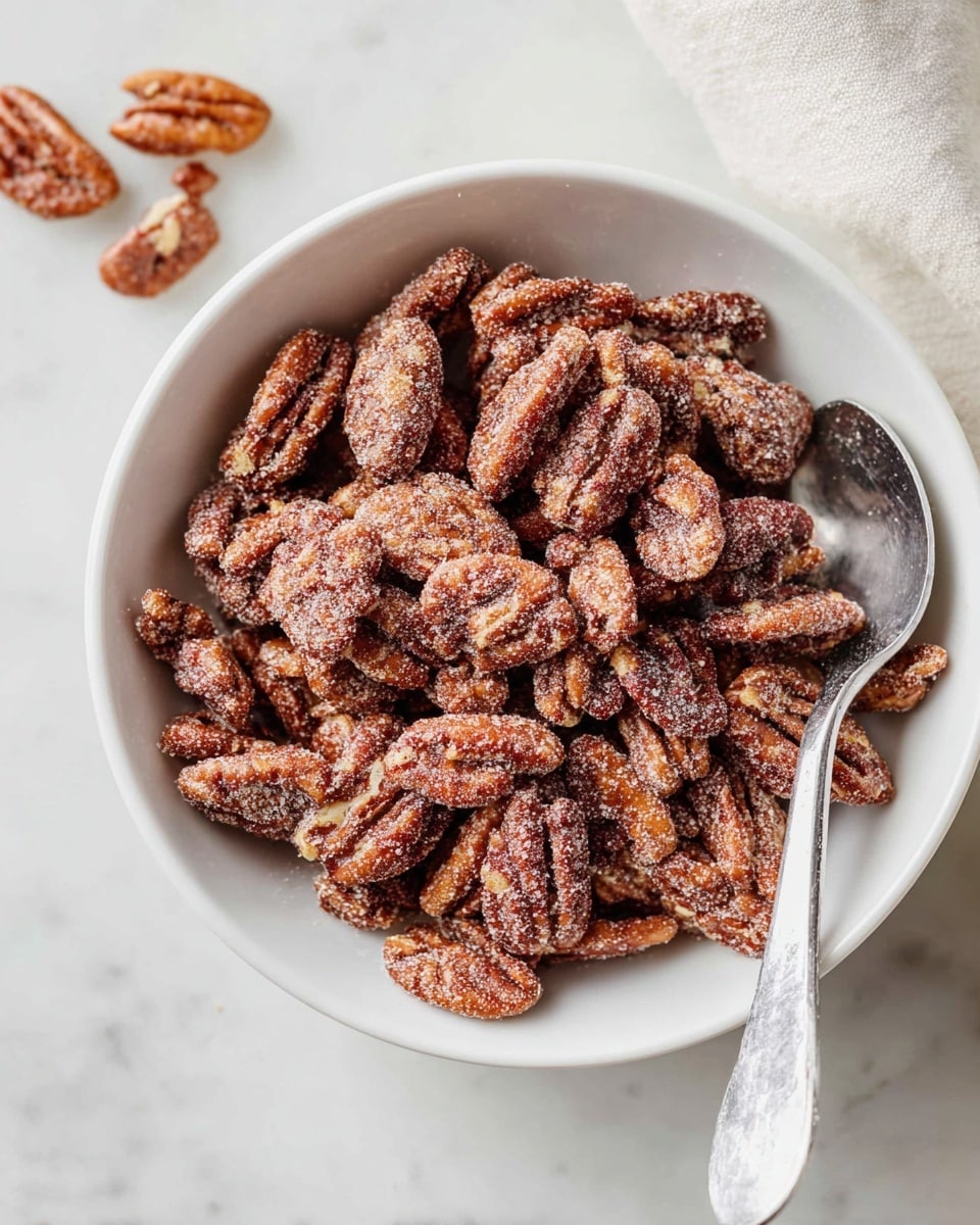 Large white rimmed baking sheet filled with a generous layer of roasted cinnamon sugar pecans, the nuts coated evenly with a rich blend of cinnamon and sugar creating a textured, spiced crust, some pecans heaped on a silver spoon resting on the tray, photographed from above on a white marble countertop with natural lighting, professional food styling photo taken with an iphone --ar 4:5 --v 7