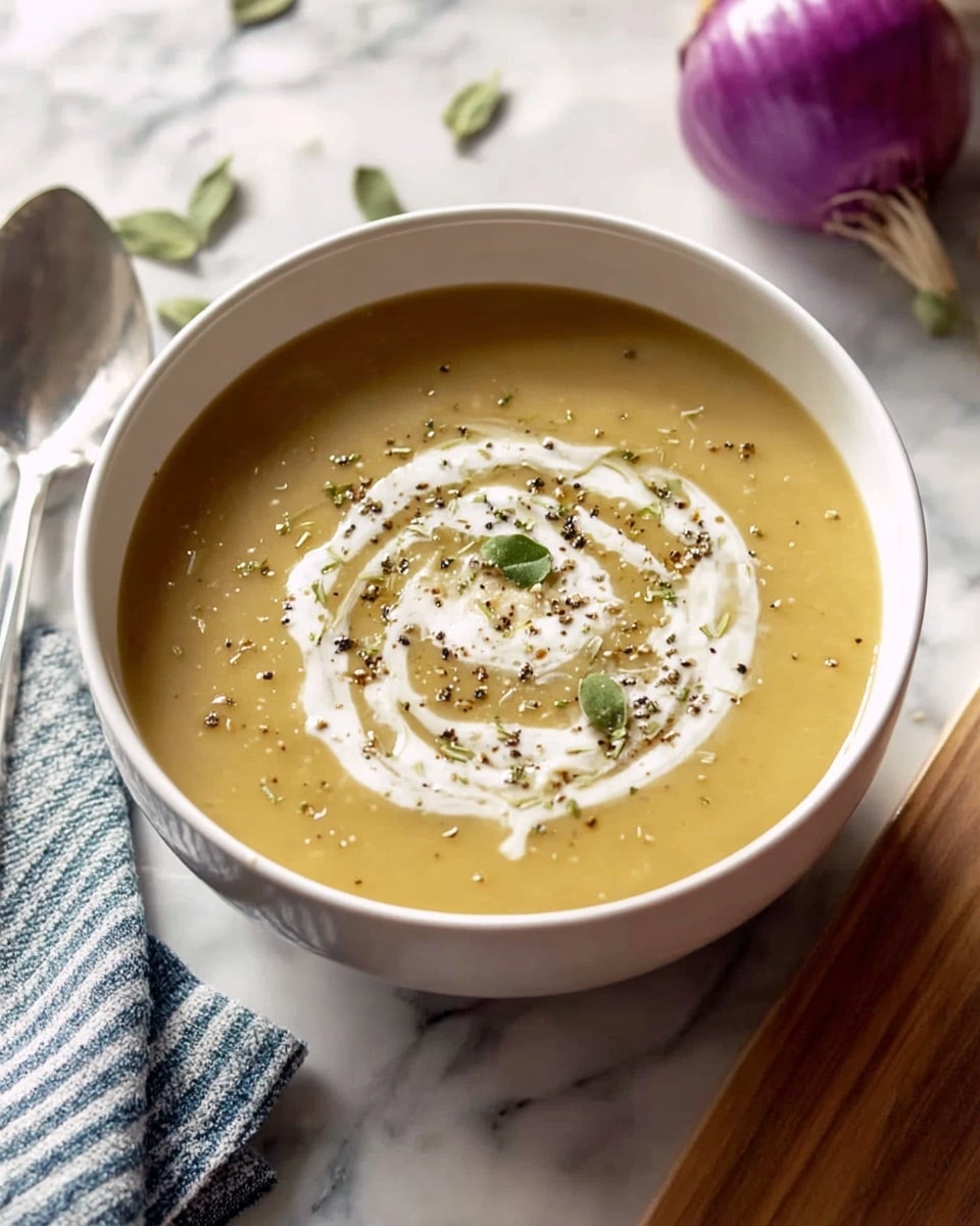 Large white serving bowl filled with creamy, smooth garlic and onion soup, topped with a perfect swirl of fresh cream and a sprinkling of ground black pepper and herbs, whole dish shown from a 3/4 angle on a white marble countertop with natural lighting, styled like a professional food magazine hero shot, photo taken with an iphone --ar 4:5 --v 7