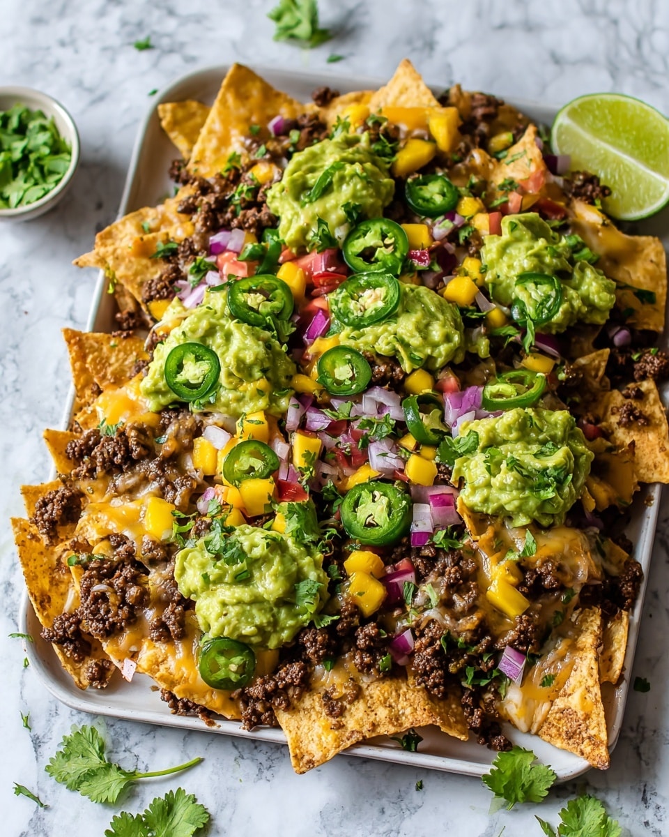 Large white rectangular baking tray filled with fully assembled beef nachos, featuring crispy tortilla chips layered generously with seasoned ground beef, melted cheese, dollops of fresh guacamole, diced red onions, chopped mango, cucumber, and sprigs of vibrant cilantro, garnished with lime wedges on a white marble background, natural lighting, professional food styling, whole dish photographed from a 3/4 angle photo taken with an iphone --ar 4:5 --v 7